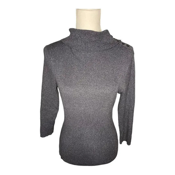 New York & Company Women’s Medium Button-Accent Metallic Grey Turtleneck - Picture 1 of 4